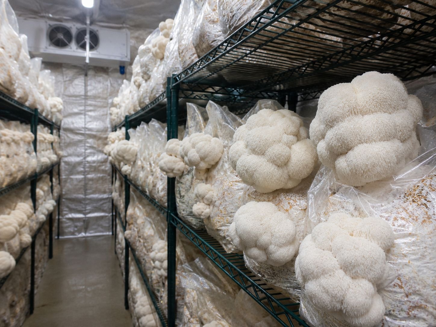 FLF lions mane growing in mass grow room